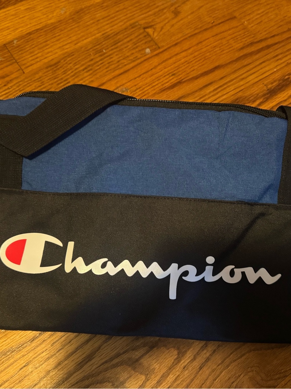 Champion Black and Blue Duffel with Script Logo